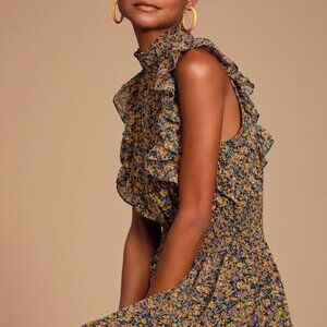 Lulus Evalina Mustard Yellow Floral Print Mock Neck Midi Dress - Size S